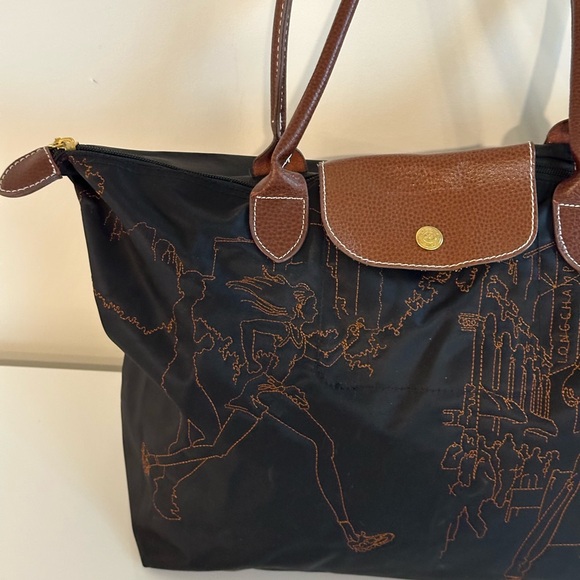 limited-edition Longchamp Le Pliage embroidered tote bag  black and brown - Picture 5 of 12